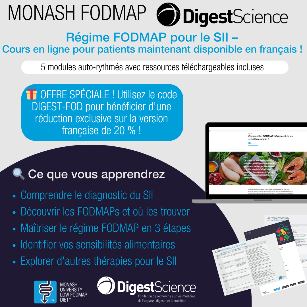 Cours en ligne pour les patients sur le régime FODMAP en partenariat avec DigestScience et Monash University